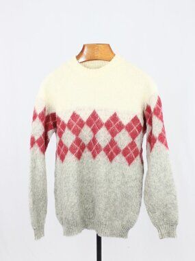 Vintage SAMBAND Made in Iceland Argyle 100% Wool Knit Crew Neck Sweater, Size L